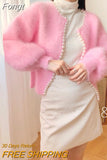 Lantern Sleeve Mink Cashmere Sweater Knitted Cardigan Korean Beads 2023 New Causal Knitwear Open