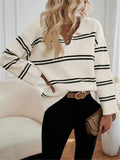 Fongt And Winter Loose V-Neck Stripes Bumpy Long-Sleeved Polo Shirt Sweater
