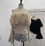 Fongt Wind Shoulder Hair Knitted Shirt Girl Short To Make Old Broken Long-Sleeved T-Shirt Top 2988