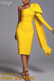 Sleeve Bandage Dress 2023 New Womens Yellow Bandage Dress Elegant Sexy Bowknot Evening Club Party Dress High Quality