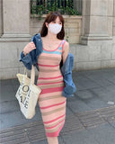 Dopamine Striped Knitted Sling Dress Autumn New Korean Version Of The Famous Mid-Long Waistcoat Skirt