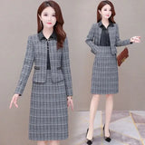 Plaid 2 Piece Dress Sets Spring Fall Elegant Long Sleeve Cropped Jacket Slim Ol Lapel Dresses Suits Oversize 4xl