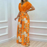 Fongt Women's Fall New Temperament V-Neck Print Wide-Leg Pants Fashion Casual Suit