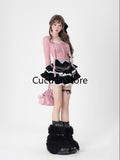 Autumn Kawaii Lolita Clothing Suit Woman Casual Crop Tops + Slim Black Mini Skirt Lace Cake Skirt Japanese Fashion Set-Outfit
