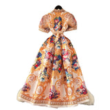Fongt A Women's Court Style V Tie With A Belt Net Yarn Bubble Sleeve Print Large Swing Long Joint Dress