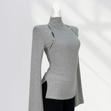 Fongt Horn Sleeve Slim Jacket Chic Inside Hollow Out Half High Collar Bottom Shirt Spring Women's Hot Girls-Outfit