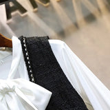 Ladies Elegant Two Pieces Set Women White Bow Collar Lantern Sleeve Blouse And Tweed Vest Dresses Suits