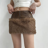 Fongt Cloth Forget Retro Brown Low-Waisted Umbilled Zip Hair Short Skirt Design Leather Splicing Bag Hip Skirt