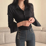 Solid Color Flare Long Sleeve Blouse-Outfit