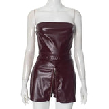 PU Leather Tube Crop Top And Zipper Skort Two Piece Set-Outfit