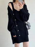 Fongt New Loose Solid Color Sweater Cardigan Package Buttock Vest Skirt Suit In The Long Sweater Two Sets Of Women-Outfit