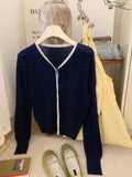Gentle Little Gold Bean Buckle Hit Color V-Collar Knitted Cardigan Women's Spring Leisure Outfit Shows Thin Korean Style Coat-Outfit