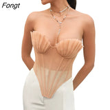 Women Strapless Sheer Mesh Mermaid Sea Shell Vest Crop Backless Lace up Tank Top Party Clubwear Crop Top