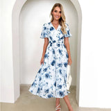 Fongt Spring Summer New Long Women's Bubble Sleeve High-End Print Sexy Style Women's Dress Dress
