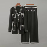 Early Autumn Long-Sleeve Knit Suit Lace-Up Waist Mid-Length V-Neck Cardigan + Wide-Leg Pants Two-Piece