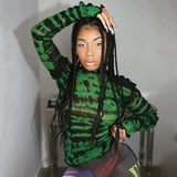 Ruffle Striped Turtleneck T-Shirt Women Autumn See-Through Patchwork Skinny Club Streetwear Harajuku
