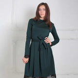 Vintage Lace Patchwork Sashes A-line Dress Long Sleeve O neck Solid Elegant Casual Party Dress 2021 Autumn Fashion