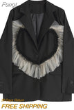 Women's Blazer Jacket Black Solid Color 2023 Autumn Heart-shaped Intarsia Pattern Long Sleeve Single Button Korean Fashion