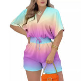Fongt Summer New Women's Short-Sleeved V-Neck Tie With Waist Casual Shorts