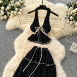 Fongt Holiday Suit Female Summer Sexy Hanging Neck V Neck Bare Back Chiffon Top High Waist Half Skirt Suit