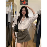 Fongt High-End Lace Pocket Design Shirt Women Spring New High-Waisted Work Clothes Half Short Skirt Two-Piece