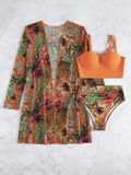 Fongt New Sexy Bikini Mesh Three-Piece Set Gathered Print Split Swimsuit