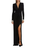 Women's New Sexy Deep V Kinesk Long-Sleeved Dress Dress High Open-Pocket Bag Even
