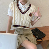 Kawaii Cute Bear Beige Sweater Vest Women Korean Preppy Style V-neck Blue Jumper Harajuku Sweet Crop Tops School