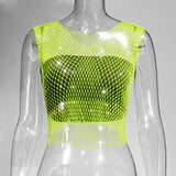 Fongt Nightclub Dresses Fishnet Hollow Out Rhinestone Vest Mesh Flash Diamond Sling Top