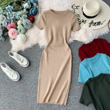 Fongt Solid-Color Temperament Round-Neck Knitted Tight Skirt Dress Bag Hip One-Step Skirt Dress Mid-Long Model