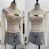 Fongt Pat With Chest Cushion Square Collar Bow Lace Long Sleeve Bottom Top Dress Slim Slim Short Shirt 9520