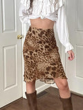 Fongt Retro Leopard Print Low-Rise Mesh Half-Dress Babes Irregular Hem To Fix Tight-Knit Long Skirt