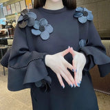 Autumn Beading Ruffles Spliced Sweatshirts Female Clothing Chic Floral Three-dimensional Decoration O-Neck Midi Pullovers-Outfit