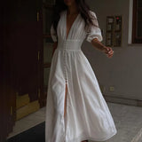 Fongt Wind 2024 New Elegant Dress Design Sense Bubble Sleeves Show Thin Temperament Slim Slit Skirt-Outfit