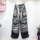 Gradient Multiple Pockets Design Jeans Women's Single Button High Waist Denim Pants 2023 Autumn Female New-Outfit
