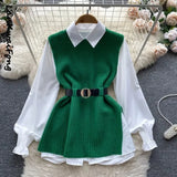 Light Luxury Ladies Dress Set Women's Loose Long-sleeved White Shirt Top + Slit Knitted Vest Vest Two-piece Set-Outfit