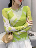 Fashion Printing Long-Sleeved Round Neck T-shirt Women Contrast Color Slim Double-Layer Mesh Tees Tops-Outfit