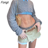 Women Fashion Cropped Knitted Sweater Solid Color Round Neck Long Sleeve Pullovers Spring Autumn Casual