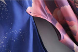 Women Blue Space Moon Flower Print Kimono Shirt Holiday Beach Tide Bow Sashes Mid Long Cardigan Blouse BOHO