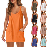 Fongt Summer Solid Sleeveless Dress Fine Shoulder Strap Vest Skirt Sports Skirt Pocket