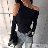 Fongt Women's Autumn New Fashion Sexy Solid Long-Sleeved Shoulder Double-Breasted T-Shirt Top