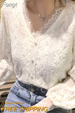 4XL New Lace Blouse Women Korean Hollow Out V Neck Long Sleeve Shirt Ladies Spring Crochet Lace Solid Tops Blusa