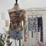 Fongt Tie-Dye-Print Mesh Folded Long-Sleeved T-Shirt With A Word-Collar Slanted Shoulder-To-Back Short Top 1183