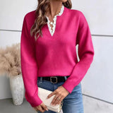 Fongt 2025 New Fashion Lace V-Neck Sweater Solid Color Loose Long-Sleeved Knitwear Shirt