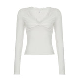 Lace Trim V-Neck Stitched Long Sleeve Tee-Outfit