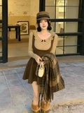 Elegant 2 Piece Dress Set Slim Bodycom Knitting Blouse + High Waist Solid Y2k Mini Dress Korean Fashion Suit 2024 Spring-Outfit