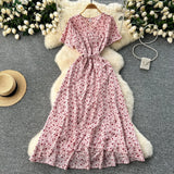 Fongt Piece Of V-Neck Tie With Short Sleeves Of Broken Flower Dress Women's Summer Thin Temperament French Dress