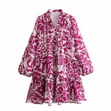Fongt Single-Dlong Short Dress 2025 Spring/Summer V-Neck Print Long-Sleeved Loose Miniskirt