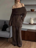 Fongt Selling A Word Shoulder Knitted Commuting Set Loose Top Broad Leg Trousers Simple High-Grade Gray Workplace Fashion
