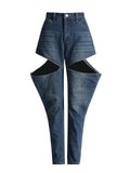Fongt 2024 New Fashion Temperament High Waist Design Sense Hollow Out Old Jeans Women's Show High Thin Trousers-Outfit